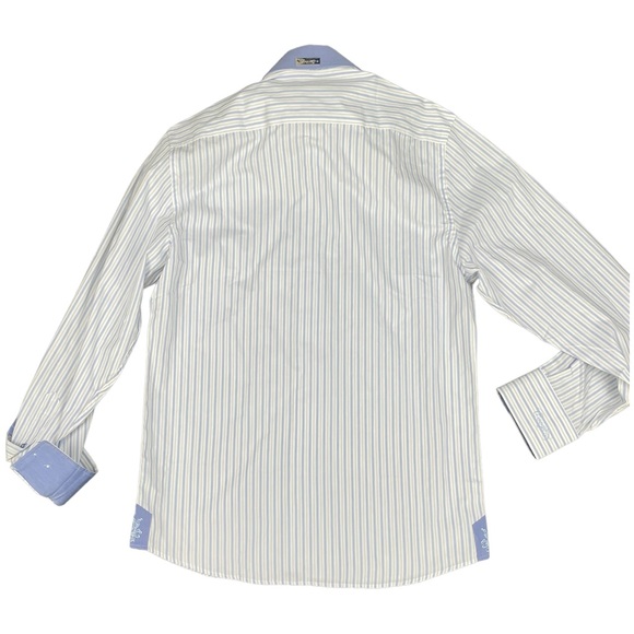 COOGIE LUXE Dress Shirt Mens M 15.5/16 White Blue Striped L/S Flip Cuff Logo - Picture 2 of 14